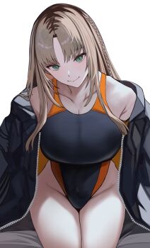 1girl absurdres alternate_costume aqua_eyes black_jacket black_one-piece_swimsuit black_streaks blonde_hair braid breasts cleavage closed_mouth competition_swimsuit covered_navel curtained_hair groin highleg highleg_one-piece_swimsuit highres hololive hololive_dev_is huge_breasts jacket koganei_niko long_hair looking_at_viewer mole mole_on_shoulder multicolored_hair off_shoulder one-piece_swimsuit orange_jacket si_farid side_braid simple_background sitting slit_pupils smile solo straight_hair streaked_hair swimsuit two-sided_fabric two-sided_jacket virtual_youtuber white_background