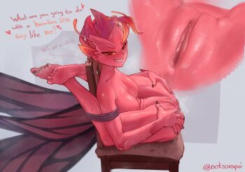 1girl absurdres antennae barefoot bdsm black_nails blush bondage bound breasts chair clitoris close-up collarbone colored_sclera colored_skin commentary completely_nude contortion dark_willow dota_(series) dota_2 drooling earrings english_commentary english_text fairy fairy_wings fang feet flexible folded full_body grin hands_on_own_ass highres inset jewelry legs_behind_head medium_breasts monster_girl nail_polish naughty_face nipples no_pupils nude pink_skin pointy_ears pussy pussy_focus pussy_juice red_eyes rope simple_background smile soles solo sorapoi steaming_body sweat toenail_polish toenails toes twitter_username uncensored wings yellow_sclera