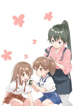 3girls aged_down akagi_(kancolle) black_hair black_hakama blue_hakama brown_eyes brown_hair commentary_request food hakama highres houshou_(kancolle) japanese_clothes kaga_(kancolle) kantai_collection kimono long_hair multiple_girls onigiri pantyhose pink_kimono ponytail red_hakama sakurai_nana_(moshichi) side_ponytail white_pantyhose