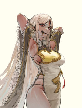 1girl absurdres arecus armpits china_dress chinese_clothes detached_sleeves dress genshin_impact hair_ornament hairpin highres long_hair looking_at_viewer ningguang_(genshin_impact) red_eyes sidelocks simple_background solo thighs very_long_hair white_background white_hair