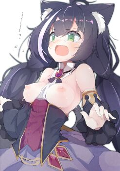 Rule 34 | >:o, 1girl, :o, ahoge, animal ear fluff, animal ears, black hair, blush, breasts, breasts out, brooch, cat ears, cat girl, cat tail, detached sleeves, female focus, green eyes, hair between eyes, highres, jewelry, karyl (princess connect!), long hair, low twintails, medium breasts, multicolored hair, nipples, open mouth, princess connect!, simple background, solo, streaked hair, sweat, tail, tears, teranekosu, twintails, very long hair, white background, white hair