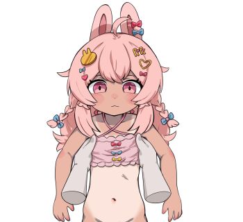 1girl 1other :3 ahoge animal_ears blue_bow bottomless bow braid closed_mouth confused crossed_bangs disembodied_hand dot_nose ear_bow flat_chest h@nk hair_bow hair_ornament hairpin highres lifting_person loli long_hair multiple_hairpins phase_connect pink_eyes pink_hair pov rabbit_ears rabbit_girl red_bow simple_background solo_focus strapless tan tube_top twin_braids virtual_youtuber white_background