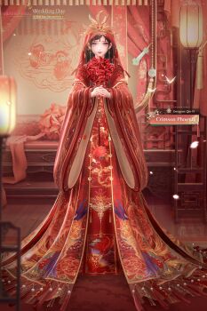 1girl 3d absurdres architecture bird black_hair bouquet bug butterfly chinese_clothes closed_mouth commentary crimson_phoenix_(shining_nikki) crown earrings east_asian_architecture english_commentary english_text expressionless eyelashes eyeshadow facial_mark feathers flower forehead_mark full_body gold_crown gold_earrings grey_eyes hanfu highres holding holding_bouquet insect jewelry lipstick long_hair long_sleeves makeup nikki_(series) official_art own_hands_together phoenix promotional_art red_eyeshadow red_flower red_hanfu red_lips red_robe red_veil robe shining_nikki sidelocks solo standing tassel third-party_source veil wide_sleeves