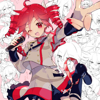 1girl ;d ahoge buttons character_backpack double-breasted drill_hair frilled_skirt frills grey_jacket grey_shirt grey_skirt hands_up highres holding holding_microphone jacket kasane_teto kasane_teto_(utau) long_sleeves looking_at_viewer microphone midriff_peek musical_staff musical_staff_print one_eye_closed open_mouth outstretched_arm red_eyes red_hair red_nails red_trim shirt shoulder_belt shoulder_boards skirt smile solo standing standing_on_one_leg torino_sasami twin_drills utau