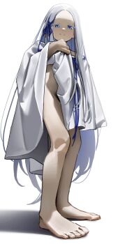 1girl absurdres barefoot blue_eyes blue_ribbon from_below grey_hair hair_ornament hdk_moon highres long_hair looking_at_viewer pandora_(re:zero) re:zero_kara_hajimeru_isekai_seikatsu ribbon simple_background smile solo