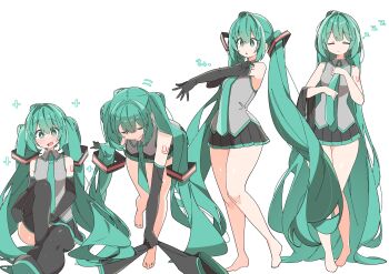 1girl absurdres aqua_eyes aqua_hair aqua_necktie arm_tattoo bare_legs bare_shoulders black_gloves black_sleeves blush boots breasts commentary dressing elbow_gloves full_body gloves grey_shirt hair_between_eyes hair_ornament hatsune_miku highres legs long_hair miniskirt multiple_views necktie pleated_skirt sequential shiny_skin shirt simple_background sitting skindentation skirt small_breasts standing tattoo thick_thighs thigh_boots thighhighs thighs twintails undressing uruti_2388 very_long_hair vocaloid white_background zettai_ryouiki zzz