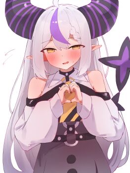 1girl absurdres ahoge black_dress blush demon_girl demon_horns demon_tail dress grey_hair heart heart_hands highres hololive horns la+_darknesss la+_darknesss_(1st_costume) long_hair looking_at_viewer pointy_ears purple_streaks smile solo tail tepenchi very_long_hair virtual_youtuber yellow_eyes