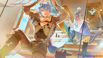 2boys absurdres antenna_hair armor black_boots black_choker black_coat black_shirt blonde_hair blue_cape blue_eyes boots cape charm2222sul chimera_(honkai:_star_rail) choker clawed_gauntlets coat creature earrings floating_cape gold_earrings gold_necklace gradient_hair hashtag-only_commentary highres holding holding_creature honkai:_star_rail honkai_(series) jewelry knee_boots male_focus medium_hair multicolored_hair multiple_boys mydei_(honkai:_star_rail) neck_tattoo necklace one_eye_closed open_clothes open_coat parted_bangs pauldrons phainon_(honkai:_star_rail) phainon_(vigethos)_(honkai:_star_rail) red_cape red_hair shirt short_hair shoulder_armor single_pauldron sun_symbol sun_tattoo tan tattoo white_coat white_hair