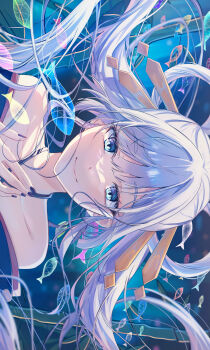 Rule 34 | 1girl, absurdres, bare shoulders, blue eyes, cho kaguya-hime!, closed mouth, collarbone, commentary request, fish, floating hair, hair ornament, hair rings, hair stick, hand up, highres, long hair, looking at viewer, mahiru yura, portrait, purple nails, runami yachiyo, smile, white hair