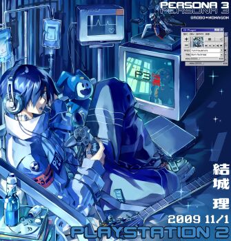 1boy absurdres aigis_(persona) album_cover armband artist_name_(singer) blue_eyes blue_hair blue_jacket blue_pants blue_theme book book_stack bottle cardiogram character_doll commentary controller copyright_name cover crt doll english_commentary english_text figure four-pointed_star game_console game_controller guitar hair_over_one_eye heart highres holding holding_controller indoors instrument intravenous_drip jack_frost_(megami_tensei) jacket knee_up looking_at_viewer looking_back open_mouth pants persona persona_3 pill pill_bottle platform_shoes playstation_2 red_armband release_date robo_nonagon s.e.e.s shoes short_hair song_name stuffed_animal stuffed_toy teeth thanatos_(persona) title_screen translation_request twitter_username upper_teeth_only yuuki_makoto_(persona_3)