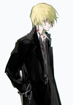 Rule 34 | 1boy, 3367e, blonde hair, blood, chain, closed mouth, coat, dress shirt, hand in pocket, highres, hunter x hunter, kurapika, looking at viewer, male focus, open clothes, open coat, red eyes, shirt, short hair, simple background, solo, white background, white shirt