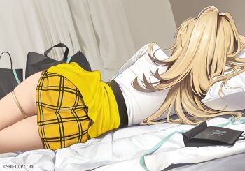 1girl ame_(uten_cancel) black_bag blonde_hair blush bra breasts commentary_request from_behind goddess_of_victory:_nikke gyaru indoors large_breasts long_hair looking_at_viewer lying on_side rupee_(nikke) shirt skindentation skirt smile solo thick_thighs thighs underwear white_shirt yellow_skirt