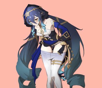 1girl blue_hair blush clothes_pull genshin_impact highres layla_(genshin_impact) panties pants pants_pull underwear undressing yellow_eyes yulnuxx