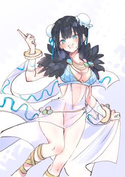 Rule 34 | 1girl, bangle, black hair, blue eyes, blush, bracelet, breasts, bun cover, cleavage, commentary request, detached sleeves, double bun, dress, feet out of frame, fur collar, hair bun, highres, index finger raised, jewelry, large breasts, leg ribbon, looking at viewer, navel, open mouth, plunging neckline, ragnarok online, ribbon, shimako (user jsaa7243), short hair, simple background, sleeveless, sleeveless dress, smile, solo, sorcerer (ragnarok online), standing, white background, white dress, white sleeves, yellow ribbon