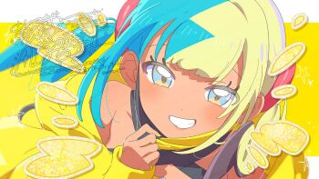 1girl aqua_hair bare_shoulders black_mask blonde_hair blue_eyes blush breasts canari_(pokemon) criss-cross_straps dark-skinned_female dark_skin grin jacket long_sleeves looking_at_viewer mask mouth_mask multicolored_hair nintendo open_mouth pokemon pokemon_legends:_z-a serizawa_serizane short_twintails smile solo split-color_hair teeth twintails two-tone_hair two-tone_mask upper_body yellow_jacket yellow_mask