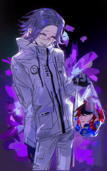 2boys ^_^ absurdres ahoge aotsuki_eito bag binxngchng1 black_gloves black_streaks chinese_commentary closed_eyes cowboy_shot facing_viewer glasses gloves grey_hair highres holding holding_bag jacket male_focus multicolored_hair multiple_boys pants plastic_bag purple_background red_hair scene_reference severed_head short_hair sketch smile spoilers streaked_hair sumino_takumi the_hundred_line_-last_defense_academy- white_jacket white_pants