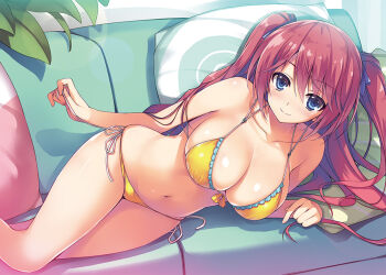 Rule 34 | 1girl, bikini, blue eyes, blush, breasts, cleavage, collarbone, couch, hair ribbon, halterneck, indoors, large breasts, long hair, looking at viewer, lying, navel, official art, on side, pillow, pink hair, ribbon, sakura airi, scan, shiny skin, side-tie bikini bottom, smile, solo, string bikini, swimsuit, tomose shunsaku, two side up, yellow bikini, youkoso jitsuryoku shijou shugi no kyoushitsu e