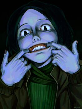 1boy absurdres black_background black_eyes black_hair blank_stare bob_cut brown_jacket coat_guy_(no_i&#039;m_not_a_human) colored_skin commentary english_commentary expressionless finger_in_own_mouth from_behind green_sweater grey_skin hands_up highres jacket long_sleeves male_focus missing_fingernails no_i&#039;m_not_a_human open_clothes open_jacket parted_bangs portrait raised_eyebrows realistic_teeth ribbed_sweater solo sweater teeth twitter_username underlighting wryyyto