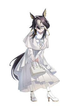 1girl absurdres animal_ears bag blonde_hair blue_eyes bow brown_hair capelet closed_mouth colored_inner_animal_ears commentary_request dream_journey_(snow-white_dreamland)_(umamusume) dream_journey_(umamusume) dress eyewear_strap full_body fuyukayui glasses hair_between_eyes handbag high_heels highres holding holding_bag horse_ears horse_girl horse_tail long_hair long_sleeves multicolored_hair shoes simple_background smile solo standing streaked_hair tail umamusume white_background white_bag white_bow white_capelet white_dress white_hair white_shoes
