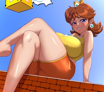 1girl ?_block absurdres arm_support barefoot breasts brick_block brown_hair crossed_legs feet grin highres large_breasts legs mario_(series) nintendo princess princess_daisy seductive_gaze seductive_smile shirt short_hair shorts sitting sleeveless sleeveless_shirt smile solo source_request teeth thick_thighs thighs xennie