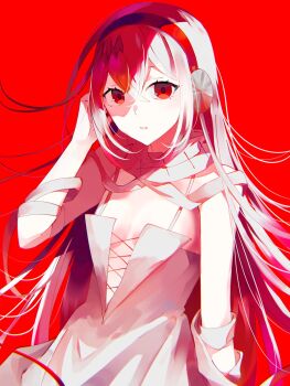 Rule 34 | 1girl, bandages, breasts, cleavage, commentary, doro-c, dress, hair between eyes, hardcore tano-c, hashtag-only commentary, headphones, highres, j-core, long hair, looking at viewer, pale skin, red background, red eyes, red theme, renyarrh, simple background, sleeveless, sleeveless dress, solo, upper body, very long hair, white dress, white hair