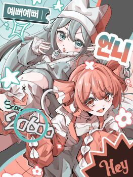 2girls absurdres ahoge bad_id bad_pixiv_id blue_eyes blue_hair blue_jacket commentary_request crop_top cropped_jacket double-parted_bangs drill_hair grey_shirt grid_background hair_between_eyes hat hatsune_miku highres jacket juc070723 kasane_teto long_hair long_sleeves midriff multiple_girls navel open_clothes open_jacket open_mouth pants pppp_(vocaloid) red_eyes red_hair red_jacket red_socks shirt short_hair skirt sleeves_past_fingers sleeves_past_wrists smile socks stomach twin_drills utau vocaloid white_background white_hat white_skirt