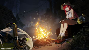 1girl absurdres ahoge animal_ear_headwear ankle_boots bare_shoulders black_gloves boots breasts brown_hat brown_shorts campfire city cleavage_cutout closed_mouth clothing_cutout copyright_name copyright_notice fake_animal_ears fanghuo_(xinyue_tongxing) full_body glasses gloves hat highres holding holding_pen jewelry large_breasts logo long_hair night notebook official_art official_wallpaper outdoors pen pendant plant red_boots red_hair round_eyewear ruins shirt short_shorts shorts sitting sleeveless sleeveless_shirt smile socks solo tree unused_tire utility_pole very_long_hair white_socks writing xinyue_tongxing yellow_eyes
