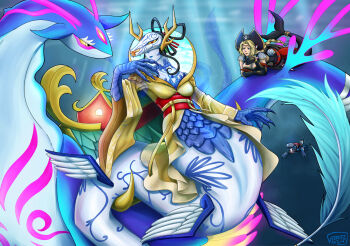 1boy 2girls black_bodysuit black_gloves black_hair black_hat blonde_hair blue_eyes blue_lips blue_skin bodysuit breasts claws cleavage closed_mouth clothing_cutout collarbone colored_sclera colored_skin commentary digimon digimon_(creature) elbow_gloves english_commentary fins full_body garde-art gloves hair_ornament hair_rings hand_up hangyomon hat head_fins highres horns japanese_clothes kimono large_breasts long_hair long_sleeves looking_at_another looking_at_viewer lying mask medium_breasts mermaid mermaimon monster monster_boy monster_girl multiple_girls navel_cutout on_stomach palace parted_bangs pirate_hat red_eyes red_lips ryugumon sea_slug shagaramon shoulder_pads signature tail tail_ornament tail_ring underwater yellow_kimono yellow_sclera