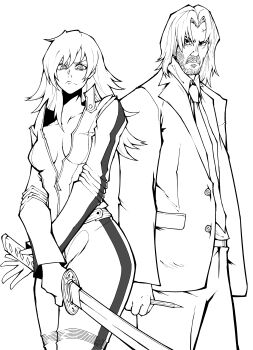 Rule 34 | 1boy, 1girl, absurdres, animification, beard, beatrix kiddo, bruce lee, collared shirt, commentary, crossover, facial hair, formal clothes, greyscale, highres, holding, holding knife, holding sword, holding weapon, jacket, john wick, john wick (character), katana, kekel, kill bill, knife, long hair, looking at viewer, monochrome, mustache, pants, shirt, simple background, sparkle, suit, sword, weapon