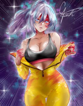 1girl alternate_costume alternate_hairstyle amir_(chaos_zero_nightmare) black_background black_sports_bra blood blood_on_face blood_on_hands blue_eyes bodysuit breasts chaos_zero_nightmare cleavage crop_top dark-skinned_female dark_skin gouh59709900 highres large_breasts light_particles open_clothes open_mouth shirt shoulder_blades solo sports_bra teeth white_hair yellow_bodysuit zipper