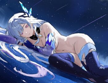 absurdres breasts bug butterfly butterfly_hair_ornament crystal_shards genshin_impact grey_hair hair_ornament hair_spread_out highres insect lying medium_breasts navel night night_sky notrrrrichh nude purple_hands purple_thighhighs skirk_(genshin_impact) sky star_(sky) thighhighs thighs underboob