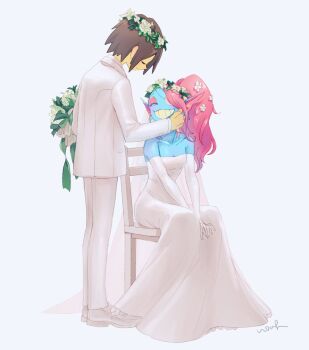 1girl 1other ^_^ aged_up androgynous blue_skin bouquet bride brown_hair chair closed_eyes colored_skin colored_teeth couple dress elbow_gloves eyepatch fins fish_girl flower formal_clothes frisk_(undertale) full_body gloves grin groom hair_flower hair_ornament hand_on_another's_cheek hand_on_another's_face head_fins head_wreath highres jacket long_hair monster_girl noah_(tettsui-sole) on_chair pants ponytail red_hair shoes short_hair sitting smile standing strapless strapless_dress suit u_u undertale undyne utdr_(toby_fox) v_arms wedding_dress white_dress white_flower white_gloves white_jacket white_pants white_shoes white_suit yellow_teeth