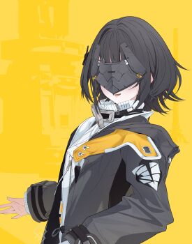 Rule 34 | 1girl, absurdres, arknights, arknights: endfield, black coat, black hair, black mask, coat, commentary, endministrator (arknights), facing to the side, facing viewer, female endministrator (arknights), from side, grey sweater, hashtag-only commentary, highres, long sleeves, medium hair, open clothes, open coat, open mouth, qurami, ribbed sweater, solo, sweater, turtleneck, turtleneck sweater, upper body, yellow background