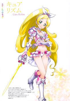 1girl armor armored_boots armored_gloves armored_skirt bikini bikini_armor bikini_skirt blonde_hair boots choker cure_rhythm gloves hair_ribbon highres knee_boots kurose_kousuke long_hair minamino_kanade navel precure ribbon shoulder_armor solo suite_precure swimsuit sword very_long_hair wand weapon white_bikini white_boots white_choker white_gloves white_ribbon