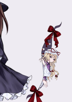 Rule 34 | 2girls, absurdres, black capelet, black hat, black skirt, bow, brown hair, capelet, commentary, dress, frilled dress, frilled skirt, frills, gap (touhou), grey background, hair bow, hat, hat ribbon, highres, long hair, long sleeves, looking at viewer, mob cap, multiple girls, multiple hair bows, open mouth, out of frame, parted lips, purple eyes, purple tabard, red bow, red ribbon, ribbon, skirt, spica0831mint, standing, tabard, touhou, usami renko, white dress, white hat, wide sleeves, yakumo yukari, yukari is merry theory (touhou)