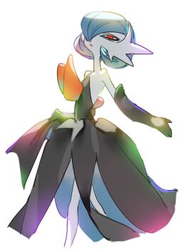 alternate_color black_dress black_gloves blue_hair bob_cut colored_skin dress elbow_gloves gardevoir gen_3_pokemon gloves hair_over_one_eye mega_gardevoir mega_pokemon nintendo orange_eyes pokemon pokemon_(creature) raine_(acke2445) shiny_pokemon simple_background white_background white_skin