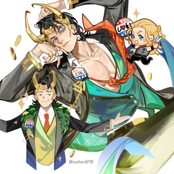 Rule 34 | 2boys, :d, black hair, black jacket, black nails, black pants, blonde hair, blue eyes, bright pupils, brothers, character name, chibi, chibi inset, coin, commentary, english commentary, fake horns, fur-trimmed jacket, fur trim, glowstick, green eyes, green vest, highres, holding, holding glowstick, horned headwear, horns, jacket, jewelry, loki (marvel), loki (presidential attire) (marvel), long hair, looking at viewer, male focus, marvel, multiple boys, multiple views, necktie, official alternate costume, open mouth, pants, pectoral cleavage, pectorals, penlight (glowstick), red necktie, ring, short hair, siblings, smile, smirk, sparkle, thor (marvel), thor (marvel) (series), twitter username, vest, white background, white pupils, wuhen678