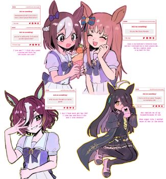 4girls absurdres ahoge animal_ears blunt_ends blush bow bowtie braid brown_hair carrot closed_eyes commentary crepe cup ear_bow english_commentary english_text eyepatch food gloves grass_wonder_(umamusume) grin hair_over_one_eye half_up_braid highres holding holding_crepe holding_cup holding_food horse_ears horse_girl long_hair looking_at_viewer manhattan_cafe_(creeping_black)_(umamusume) manhattan_cafe_(umamusume) mug multicolored_hair multiple_girls open_mouth pantyhose pechehouse pleated_skirt request_inset school_uniform short_hair short_sleeves skirt smile special_week_(umamusume) strawpage tanino_gimlet_(umamusume) tracen_school_uniform umamusume very_long_hair white_hair yellow_eyes