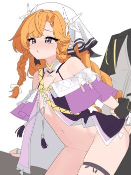 1boy 1girl absurdres bare_shoulders black_gloves black_jacket blush bow braid commentary doggystyle fingerless_gloves gloves grabbing_another's_arm hair_bow heart highres jacket male_rover_(wuthering_waves) multiple_braids nabiyan navel no_bra no_panties nude off-shoulder_jacket off_shoulder orange_hair parted_bangs pointy_ears rover_(wuthering_waves) sex sex_from_behind shirt sigrika_(wuthering_waves) skindentation stomach thigh_strap thighs unfinished veil white_bow white_gloves white_veil wuthering_waves