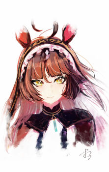 1girl ahoge animal_ears blunt_bangs blunt_ends blunt_sidelocks brown_headdress closed_mouth cropped_shoulders dress frilled_hairband frills hair_between_eyes hairband highres horse_ears horse_girl long_hair looking_at_viewer orusun portrait red_desire_(umamusume) red_dress red_hair red_hairband red_headdress sidelocks simple_background smile solo umamusume white_background yellow_eyes