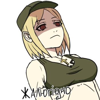 Rule 34 | 1girl, bags under eyes, blonde hair, brown eyes, collarbone, crop top, frown, green tank top, limestone (artist), marichka, no jacket, non-web source, original, partially shaded face, russo-ukrainian war, short hair, solo, sticker, tank top, translation request, ukrainian text
