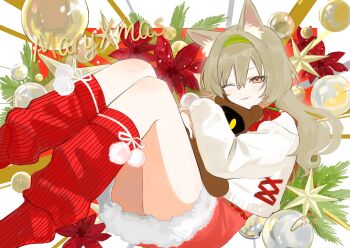1girl absurdres animal_ear_fluff animal_ears arknights beanstalk_(arknights) blush brown_hair christmas commentary english_commentary feet_out_of_frame fur-trimmed_skirt fur_trim green_hairband hair_between_eyes hairband highres holding holding_stuffed_toy k-yosinori leg_warmers long_hair long_sleeves merry_christmas one_eye_closed red_eyes red_leg_warmers red_skirt ribbed_leg_warmers signature skirt smile solo stuffed_animal stuffed_toy sweater white_sweater