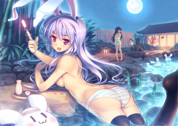 4girls :3 animal_ears ass bamboo black_hair black_legwear blush bottle breasts building bullet choko_(cup) cup extra_ears full_moon highres houraisan_kaguya inaba_tewi jumping leaf long_hair medium_breasts moon multiple_girls naked_towel night no_tail one-piece_swimsuit onsen open_mouth orita_enpitsu panties partially_submerged path pool purple_hair rabbit rabbit_ears red_eyes red_one-piece_swimsuit reisen_udongein_inaba road sake_bottle shameimaru_aya short_hair sky smile star_(sky) starry_sky striped_clothes striped_panties swimsuit thighhighs tokkuri topfreedom topless_female touhou towel underwear underwear_only