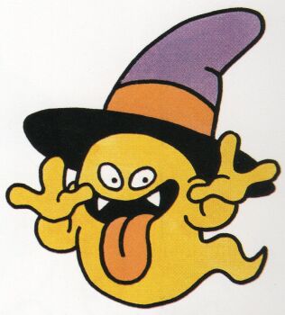 Rule 34 | 1980s (style), creature, creature focus, dragon quest, fangs, ghost, ghost (dragon quest), hat, highres, looking at viewer, looking to the side, no humans, official art, oldschool, open mouth, purple hat, retro artstyle, scan, third-party source, tongue, tongue out, toriyama akira, white background, witch hat