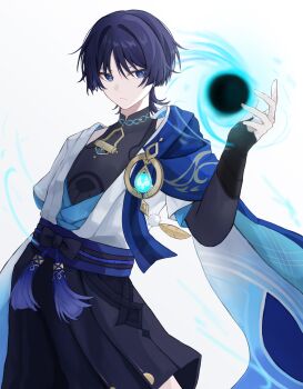 1boy 7777777_siro anemo_symbol_(genshin_impact) blue_eyes blue_hair blunt_ends bodysuit closed_mouth cowboy_shot genshin_impact hakama hakama_shorts hashtag-only_commentary highres japanese_clothes looking_at_viewer male_focus no_headwear purple_rope rope scaramouche_(genshin_impact) short_hair shorts simple_background solo thigh_peek vision_(genshin_impact) wanderer_(genshin_impact) white_background