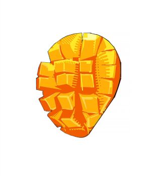 commentary english_commentary food fruit fruit_focus highres mango no_humans original ramon_nunez simple_background sliced_fruit white_background