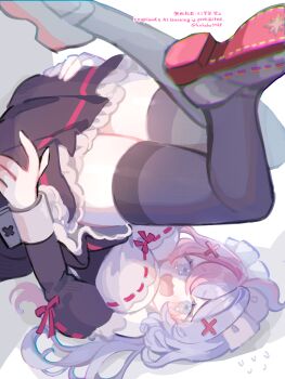 1girl absurdres ahoge bare_shoulders blue_eyes blush breasts colored_pubic_hair eris_(monster_strike) frills hair_ornament highres large_breasts maid maid_headdress monster_strike multicolored_hair open_mouth pink_hair pink_pubic_hair poponnu pubic_hair raised_inner_eyebrows ribbon skirt solo tearing_up thighhighs two-tone_hair white_hair