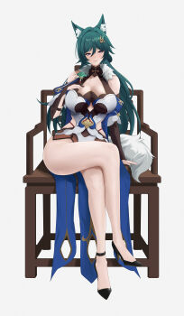 1girl absurdres animal_ears asia_maru breasts cleavage crossed_legs fox fox_ears fox_girl gloves hair_ornament hand_on_own_chest highres honkai:_star_rail honkai_(series) large_breasts loincloth long_hair long_legs looking_at_viewer low_twintails partially_fingerless_gloves purple_eyes shoes simple_background sitting smile solo thighs twintails white_background yukong_(honkai:_star_rail)