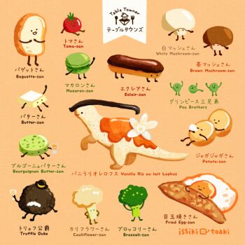 animal_focus artist_name bird black_eyes bread bread_slice broccoli cauliflower dinosaur egg egg_(food) english_text flower food food_focus fried_egg fruit issiki_toaki macaron meat mushroom no_humans orange_background original potato sandwich simple_background tomato white_flower