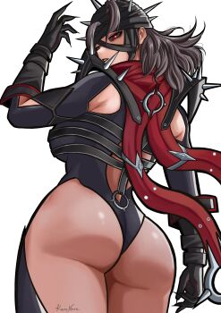 1girl absurdres armor ass bandaged_head bandages black_lips black_sclera black_thighhighs bodystocking colored_sclera grey_hair hand_up highleg highleg_leotard highres horikoshi_kouhei_(style) kalennoir leotard looking_at_viewer malice_(sue_storm) marvel marvel_rivals official_alternate_costume parted_lips pauldrons red_eyes shoulder_armor shoulder_spikes signature spiked_pauldrons spikes sue_storm thighhighs white_background